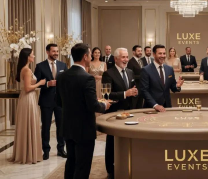 Goście bawiący się przy stołach casino podczas eleganckiego eventu