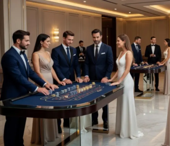 Elegancki event casino z pokerem, blackjackiem i ruletką w oprawie premium