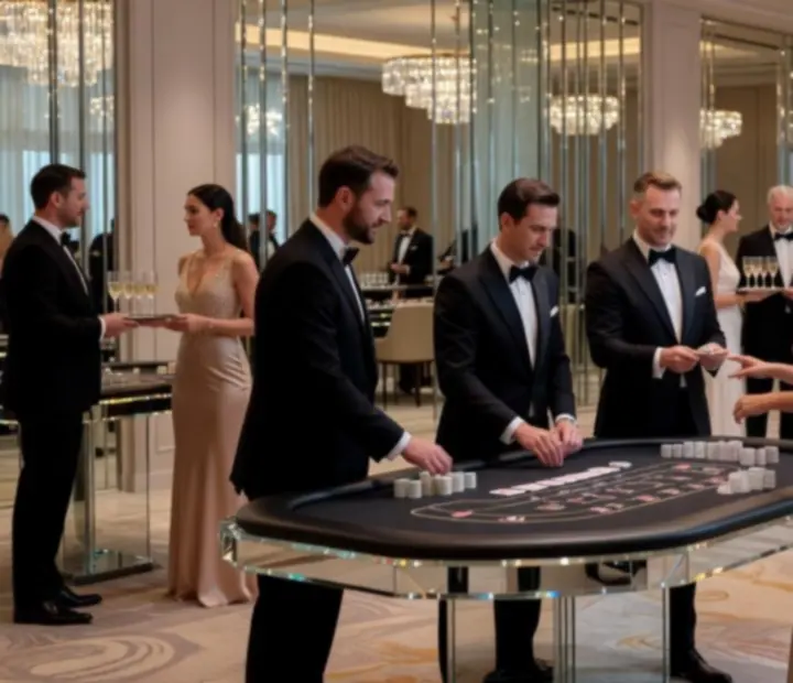 Profesjonalny zespół obsługujący stoły casino podczas eventu