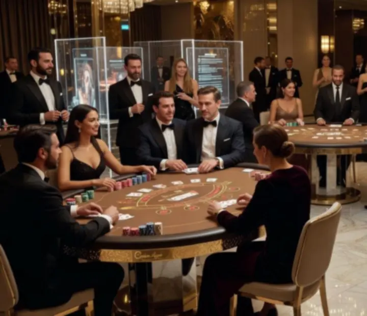 Ekskluzywna noc casino z rozświetlonymi stołami do gier i gośćmi w eleganckich stylizacjach